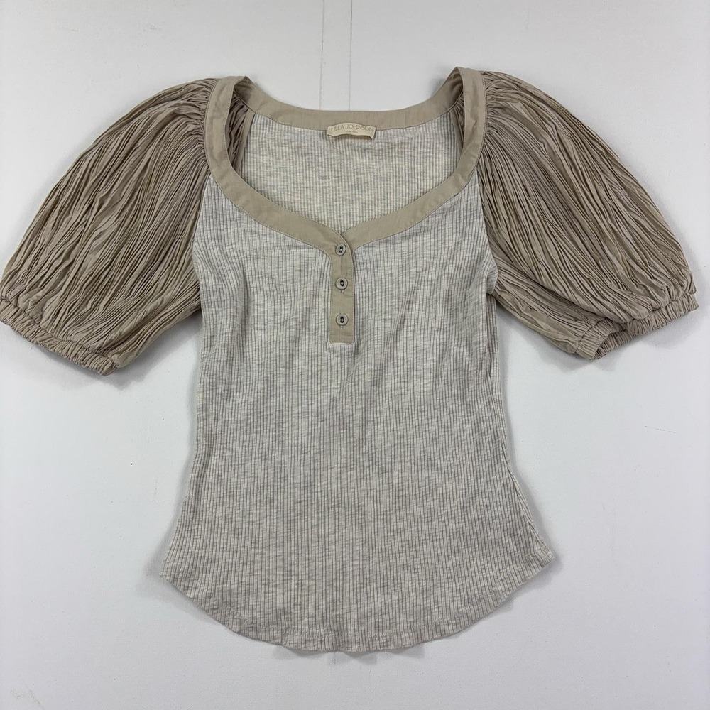 Ulla Johnson Puff Sleeve Top Womens Large Beige Ribbed Henley Cottagecore Boho
